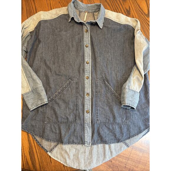 Free people Rare colorblock patchwork star denim button down shirt sz S - Picture 1 of 7